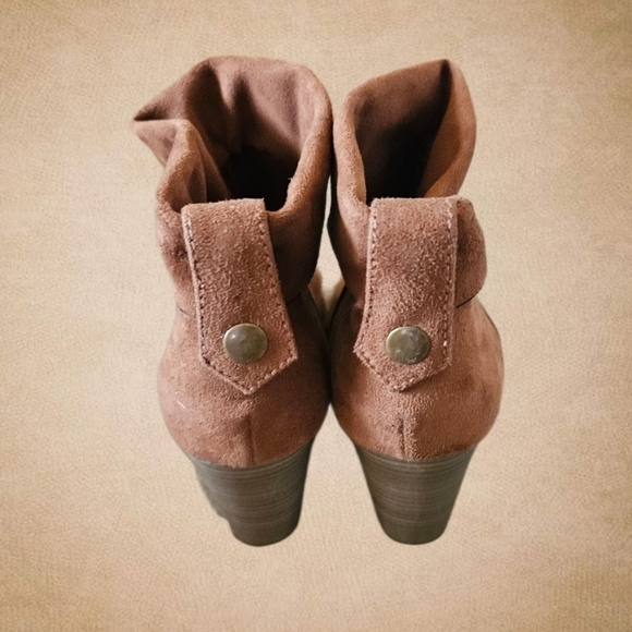 So Nochill Peep Toe Ankle Boots 3.5" Heel Faux Suede Block Heel Cognac Sz 6 - Picture 3 of 6